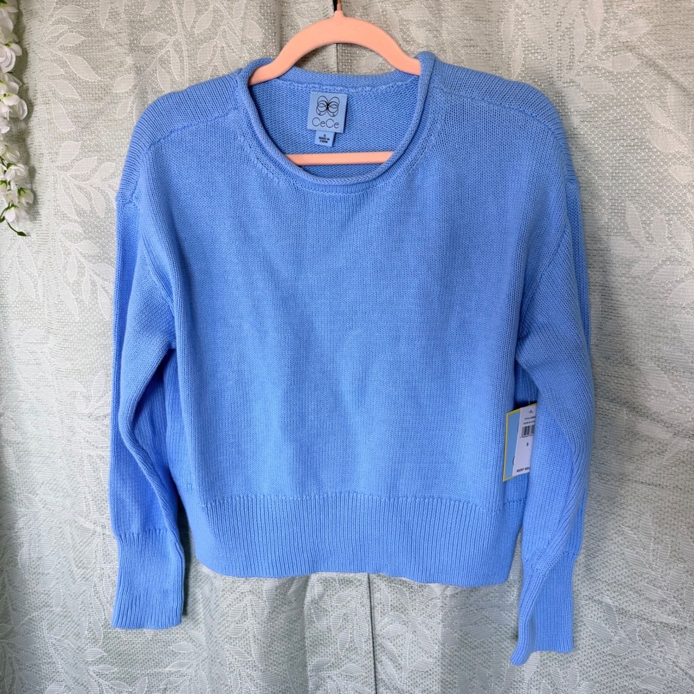 NEW $69 CeCe Women S LB Blue Crew Neck Knit Pullover Sweater Cottage Coastal